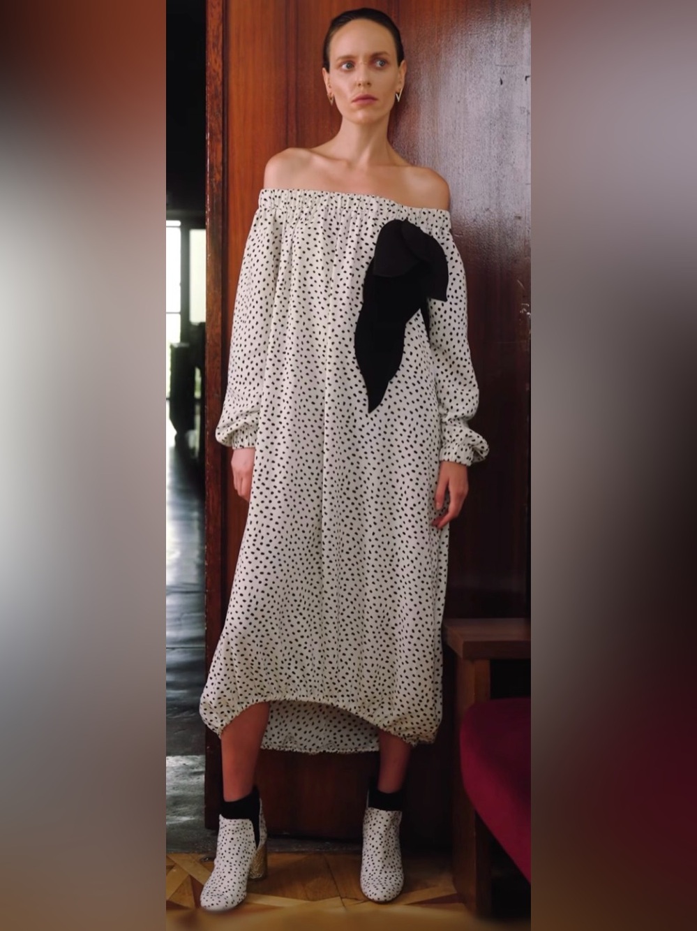 •JULIA ALLERT• Polka Dot Chiffon Crepe Off Shoulder Dress Size Small